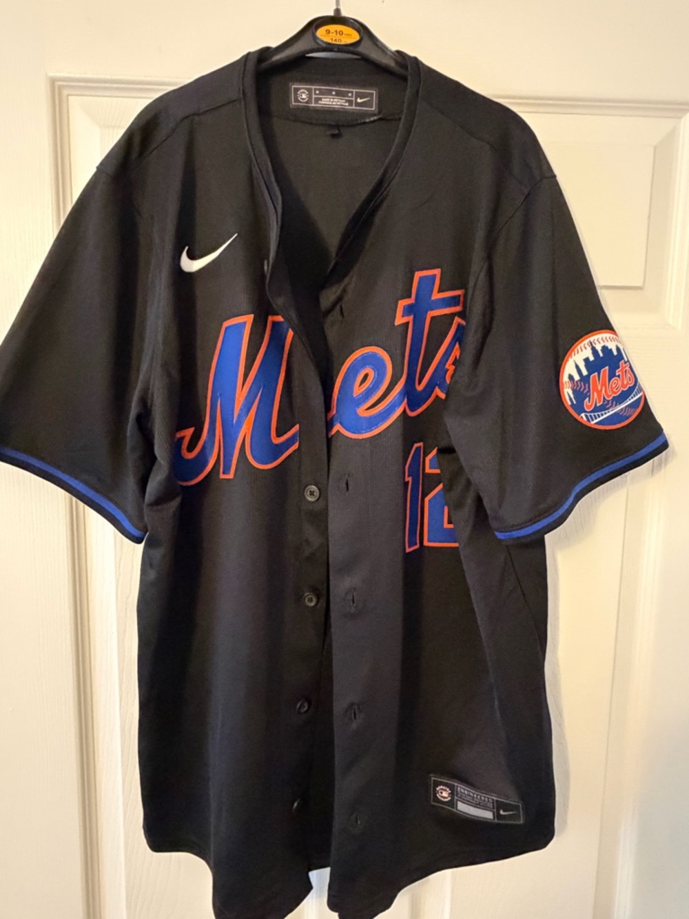 Nike Black Mets Script Baseball Jersey with Blue and Orange Trim